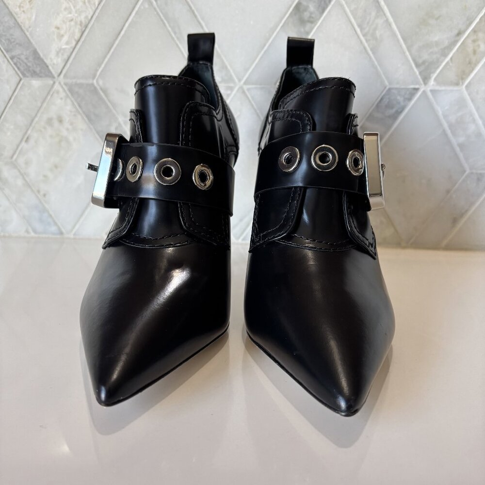 Larroude Sz 9 Black Shiny Boot Silver Buckle Stiletto Heel Heeled Stewart Bootie - Picture 2 of 11